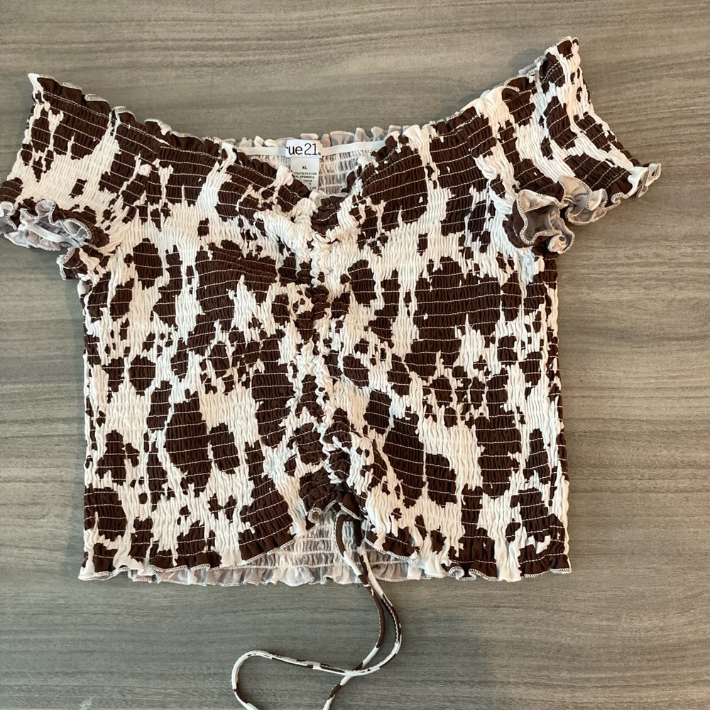 Cow print ruched crop top. Off the shoulder.